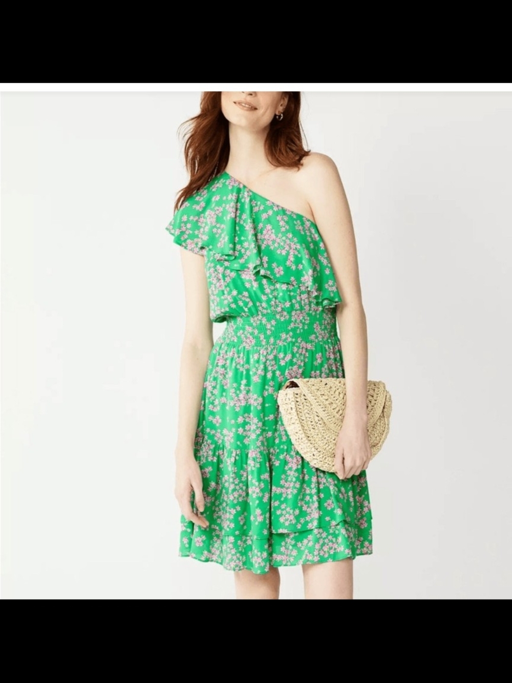 Draper James One-Shoulder Green Floral Ruffle Dress